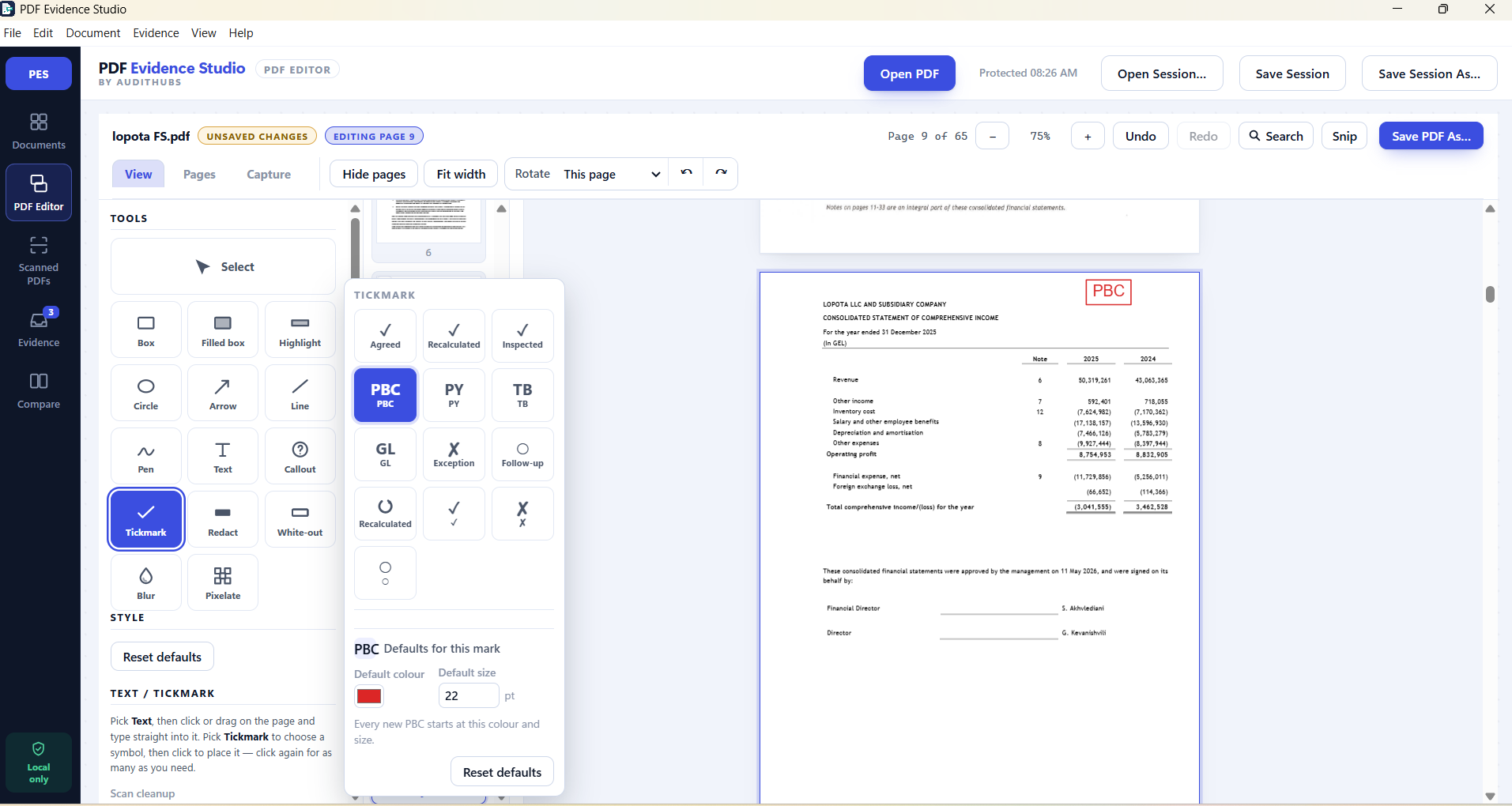PDF editor showing audit tickmarks and annotation tools