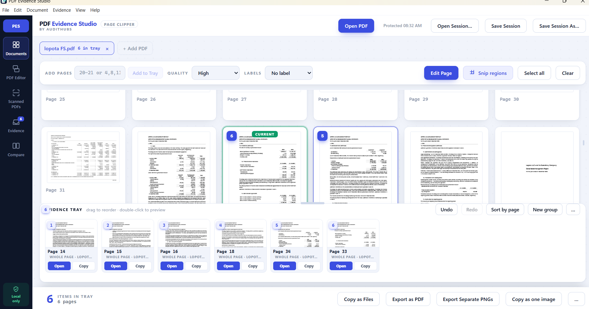 Six selected PDF pages organized in the evidence tray with copy and export options