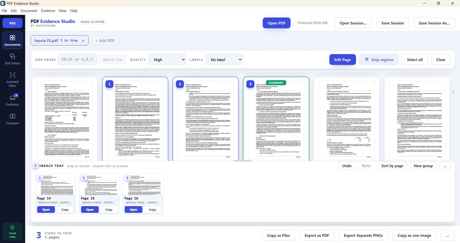 PDF Evidence Studio showing selected PDF pages collected in the evidence tray