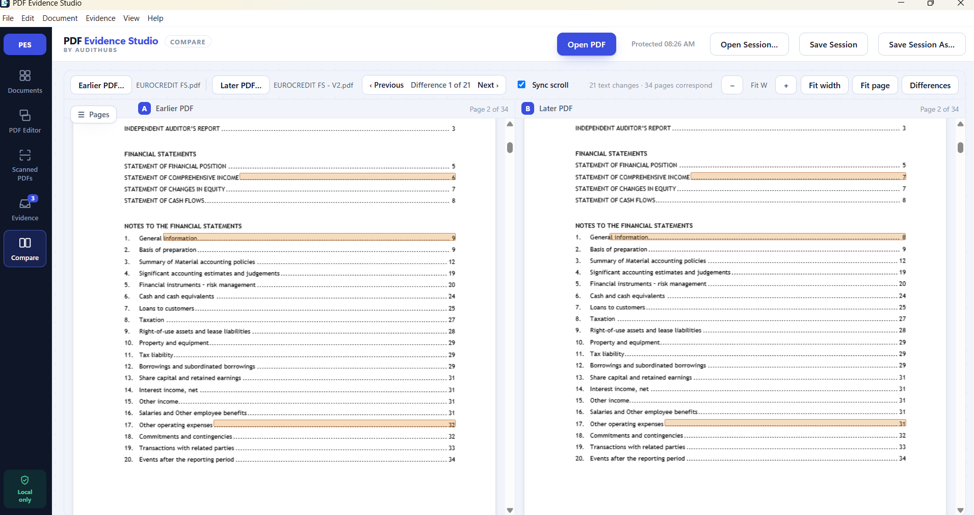 Side-by-side comparison of two financial statement PDFs with differences highlighted